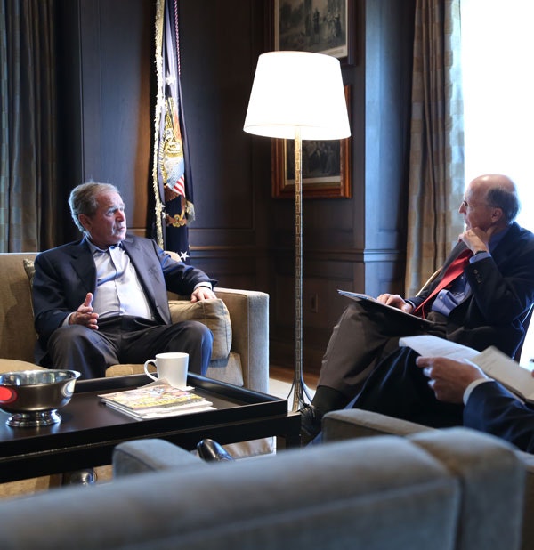 President George W. Bush with William McKenzie and Matthew Rooney (not pictured) discussing North America at the Bush Center. (Andrew Kaufmann / George W. Bush Presidential Center)