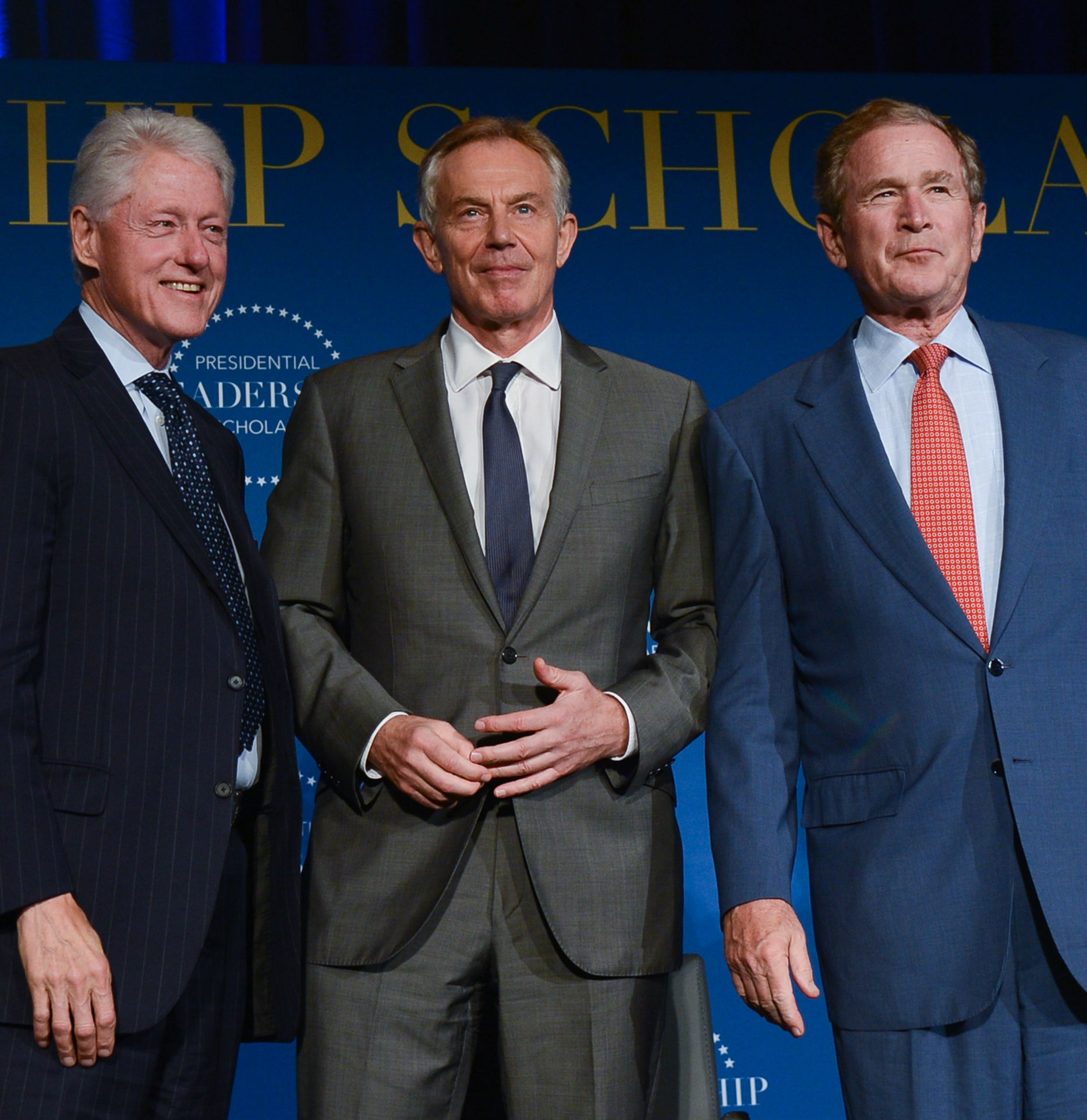 President Bill Clinton, Prime Minister Tony Blair, and President George W. Bush at Little Rock Central High School, July 14, 2016. (Grant Miller/George W. Bush Presidential Center)