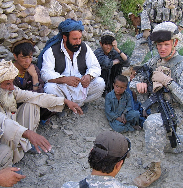 Captain Scott Horrigan from 2-87 INF discussing with elderly leaders what help they can get from the U.S. military to build a new school in their village in Afghanistan on May 6, 2007. (NBC Newswire)