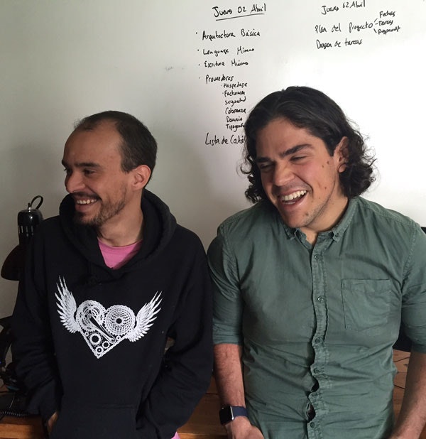 Roberto Hidaldo (left) and Jaime Rodas (right) in their apartment workspace in Mexico.