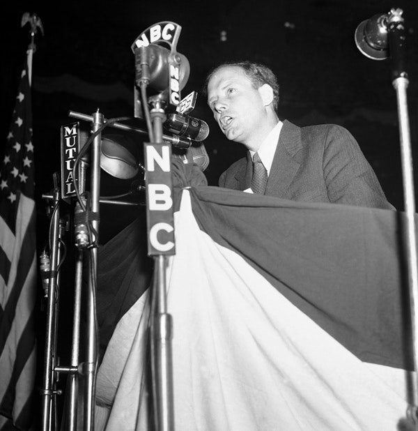 Charles A. Lindbergh speaks at the America First rally at Madison Square Garden in New York, May 23, 1941. (AP Photo)