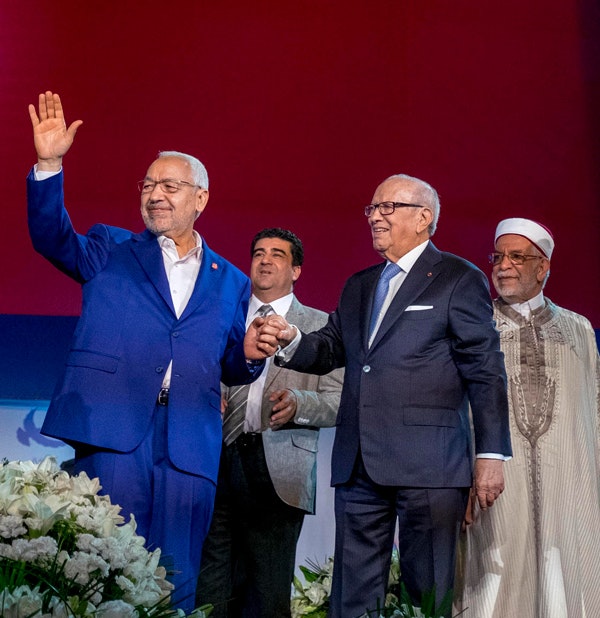 President of Ennahda movement Rached Ghannouchi, Tunisian President Beji Caid Essebsi and Tunisian Assembly of the Representatives of the People Vice President Abdelfattah Mourou at the 10th General Assembly of Ennahda Party in Rades, Tunisia on May 20, 2016. (Nicolas Fauque/Images de Tunisie/Sipa USA