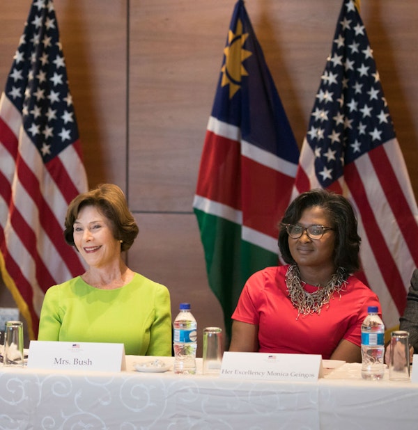 Mrs. Bush and Madame Geingos discuss the importance of investments in women and girls, April 6, 2017 in Windhoek, Namibia. (Paul Morse/George W. Bush Presidential Center)