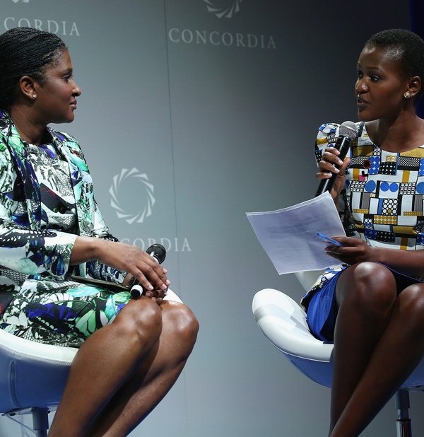 Madame Monica Geingos (left) and WaterAid America Youth Ambassador & SEED Project Partnerships Manager Vivian Onano speak at the 2016 Concordia Summit, September 20, 2016. (Paul Morigi / Getty Images) 