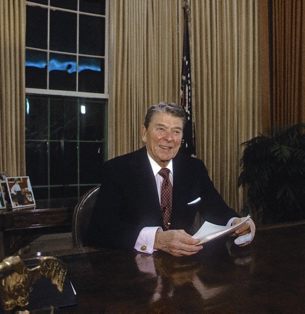 President Ronald Reagan delivers his 34th and final televised speech to the nation from the Oval Office, January, 11, 1989.